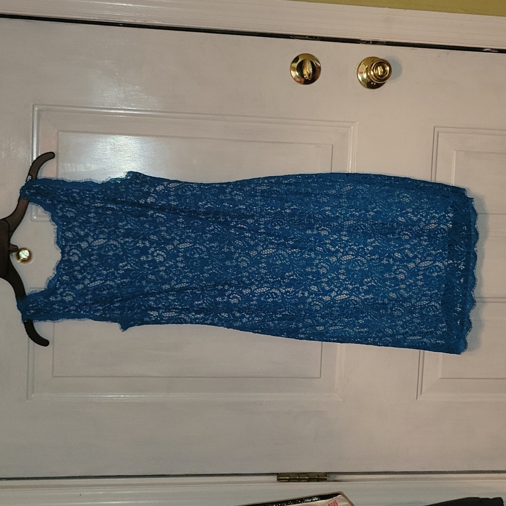 Dress, Blue sheath, Adrian Papell size 2. lace overlay, zippered back.